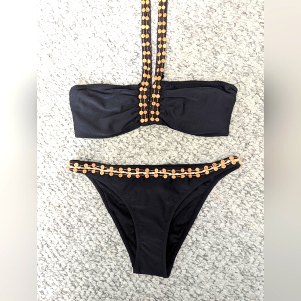Womens (Size Medium) Black Tube Top Bikini With Shell Buttons & Gold Accents